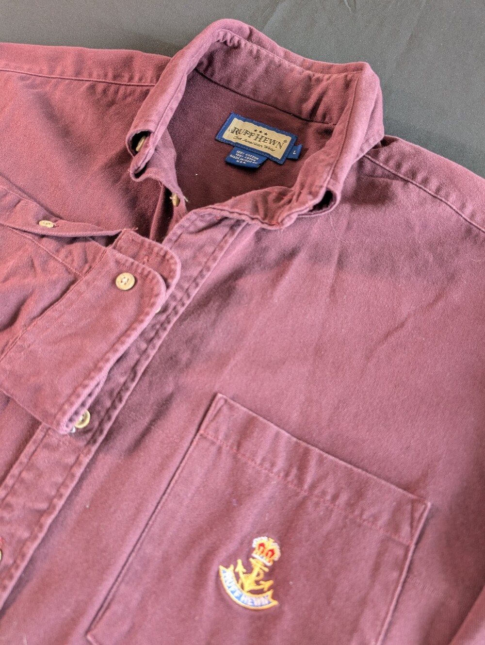 Vintage Ruff Hewn Men's Wine Button-Down Oxford Shirt with Embroidered Crest L